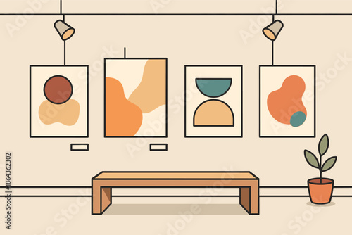 Modern abstract art gallery with minimalist decor and wooden bench