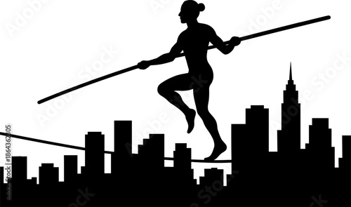 Silhouette of person tightrope walking against city skyline