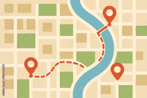Simple urban map with river and route markers for navigation and travel