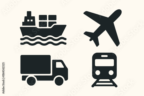 Airplane, ship, truck, and train icons representing transportation modes