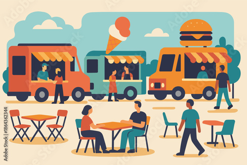 Vibrant food truck festival with diverse vendors and outdoor dining area