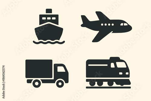 Transportation icons: ship, airplane, truck, train silhouettes