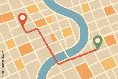 Illustrated urban map with river and route markers