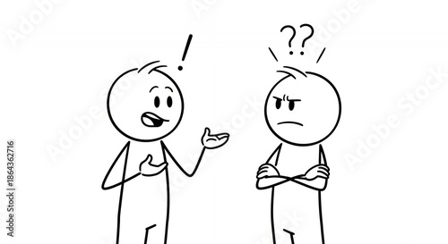 Confused Stickman Listening to Exclamation with Arms Crossed in White Background