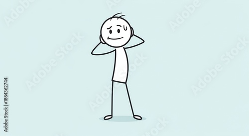 Confused Stickman Scratching Back of Head on Light Blue Background