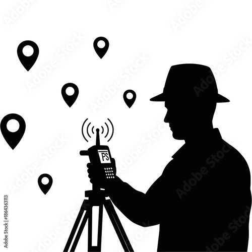 Silhouette of a man in a hat holding a device on a tripod with location pins and signal waves around with technology and navigation and communication