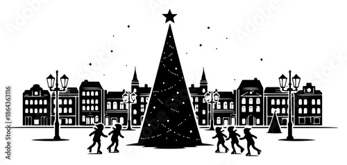 Christmas city square silhouette with large tree and people ice skating in winter holiday landscape