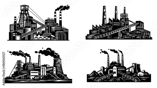 Industrial factory and manufacturing plant silhouette set with smoking chimneys and machinery