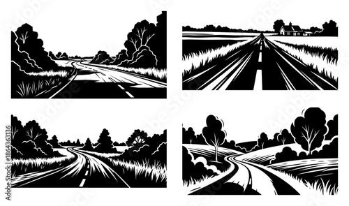 Rural road landscape silhouette set featuring highway and winding country paths