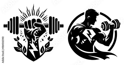 Fitness gym logo set featuring strong arm lifting dumbbell and superhero mascot