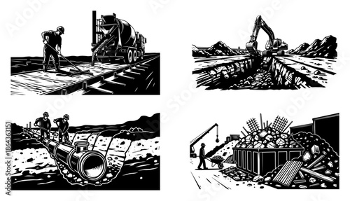 Construction site scene set including road work excavation pipeline and concrete pouring