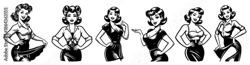 Retro pin-up girl collection in various poses vintage woman character set vector