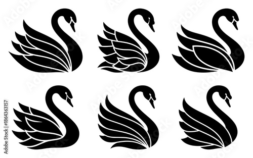 Elegant swan silhouette logo icon set collection of graceful bird shapes vector
