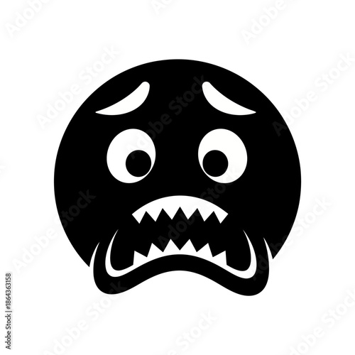 Angry monster face emoticon with sharp teeth and eyebrows raised in frustration on white background with frustrated and expression and illustration