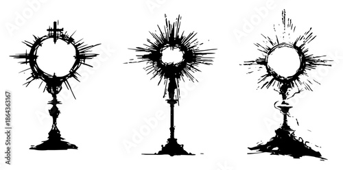 Catholic Monstrance sketch set holy sacrament vessel religious symbol vector illustration