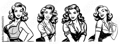 Retro pin-up girl portrait set featuring smiling vintage women in classic 1950s fashion sketch
