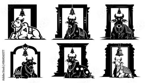 Sacred Indian cow and bull silhouette set sitting under temple archway with hanging bell