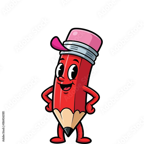 A cheerful red pencil character wearing a pink eraser hat standing confidently with hands on hips on white background with cartoon and illustration