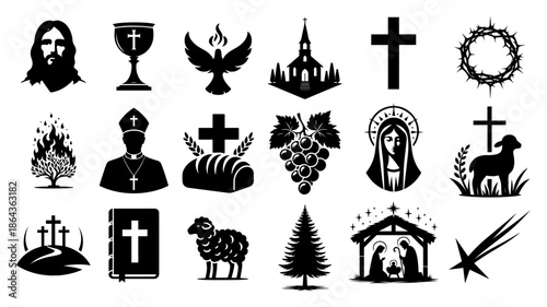 Christian religious icon set featuring Jesus Mary and holy church symbols collection