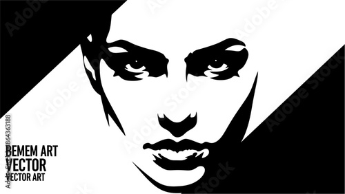 Stylized black and white illustration of a man's face with dramatic eye makeup and bold geometric shapes in background with vector and graphic