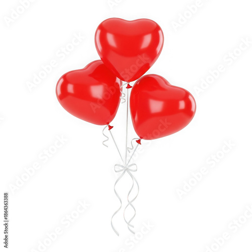 Three red heart balloons floating isolated on transparent background