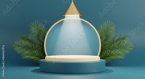 4K Studio Photo of Blue & Cream Podium with Circular Backdrop, Dramatic Spotlight, Palm Leaves, Premium Product Showcase