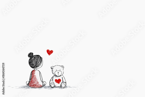 Naive vector illustration of little girl sitting beside teddy bear with heart on its chest. Childlike outlines suitable for Valentine’s Day cards, nursery decor, or kids’ packaging with copy space
