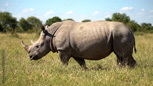 Rhino grazing in savanna with bright sunlight and blue sky