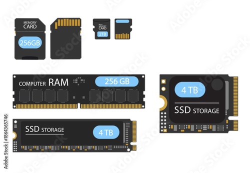Vector illustration of computer memory and data storage devices including RAM module, SSD storage and memory cards. Modern digital hardware set isolated on white background.