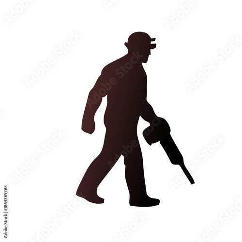 Silhouette of a construction worker walking with a jackhammer.