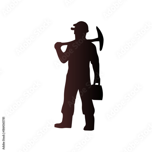Silhouette of a construction worker holding a pickaxe over his shoulder and a toolbox.