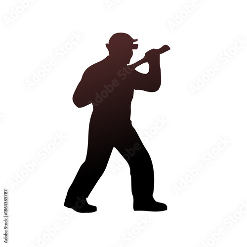 Silhouette of a lumberjack holding an axe over his shoulder, ready to chop wood.