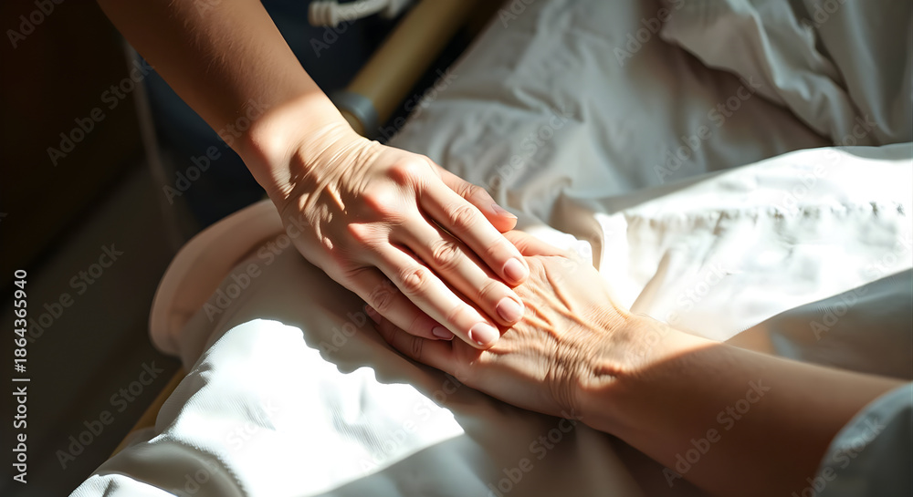 Fototapeta premium A nurse in scrubs comforts a patient by holding hands in a calm hospital setting, emphasizing care, empathy, and healing during rounds. 