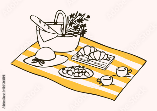 Date in nature. Hand-Drawn picnic scene illustration line art vector