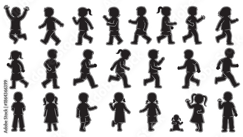 Children Playing and Running Silhouettes in Various Poses