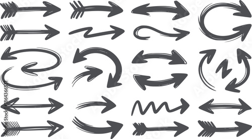 Collection of twenty four hand drawn black arrows in various styles and directions