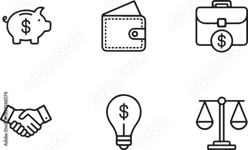 Financial Symbols: A collection of concise icons illustrating key financial concepts, from savings and wealth to legal balance. A visual guide for investment, business, and finance. 