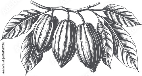 Detailed black and botanical of cocoa pods with leaves line