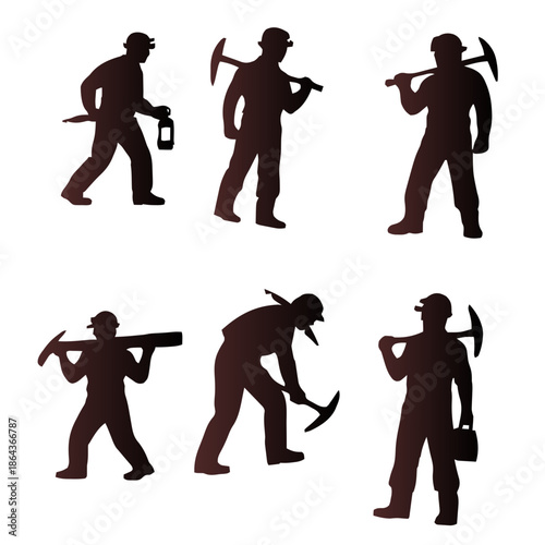 Silhouettes of miners in various poses with tools and lanterns, representing the mining industry and labor.