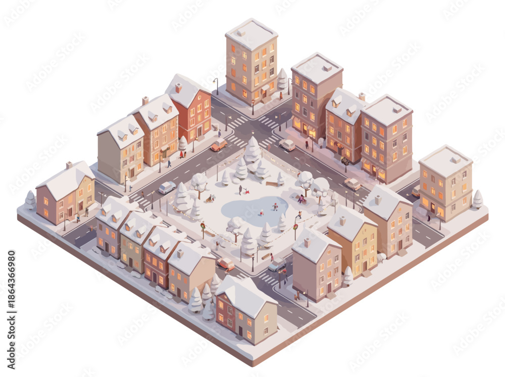 Obraz premium Isometric Winter Cityscape with Snow Covered Buildings and Park. Vector Illustration. EPS Editable
