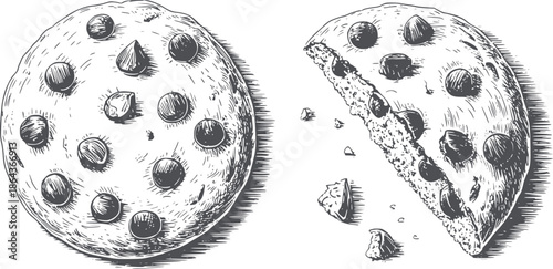 Hand drawn black and line of whole and sliced chocolate chip cookie