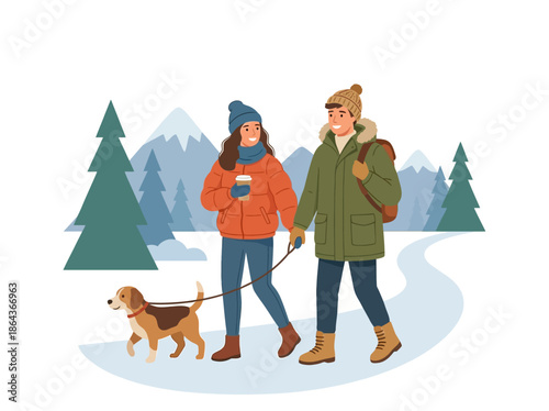 Happy couple walking their dog in winter holding hands on a snowy path. Vector Illustration. EPS Editable
