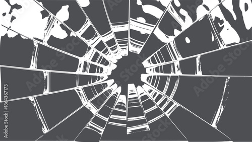 Radial black and shattered glass bullet hole