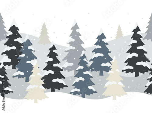 Snowcovered pine trees in a winter forest landscape. Vector Illustration. EPS Editable