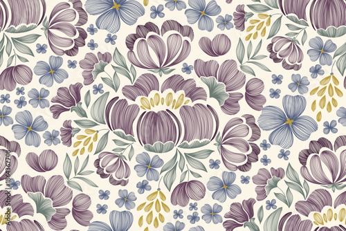 Vintage floral patterns textured handmade. Ethnic bohemian style design burgundy red carnations flowers motifs with leaf tapestry pattern seamless . Vector illustration