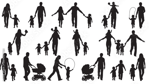 Family Silhouettes of Parents and Children Engaged in Various Activities