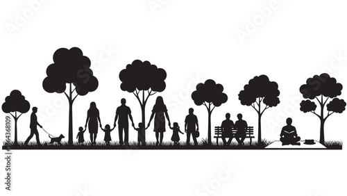 Happy families and individuals enjoying outdoor park scene on a bright day