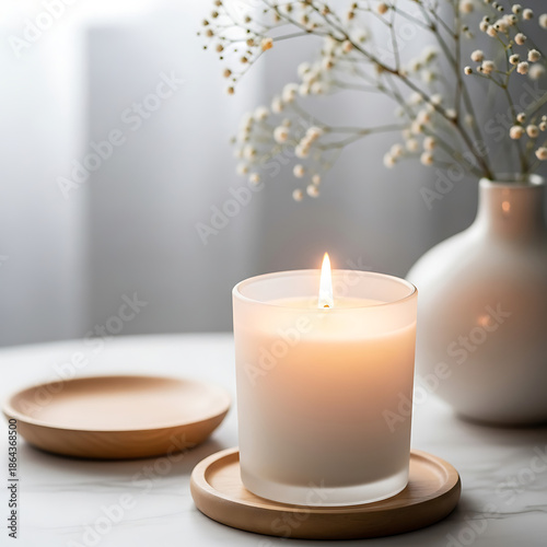 A serene lit candle on a wooden coaster with a vase of flowers nearby