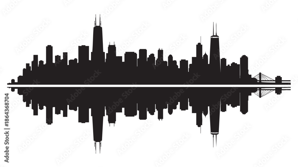 Fototapeta premium Silhouette of a city skyline with reflection in water for urban scenery design