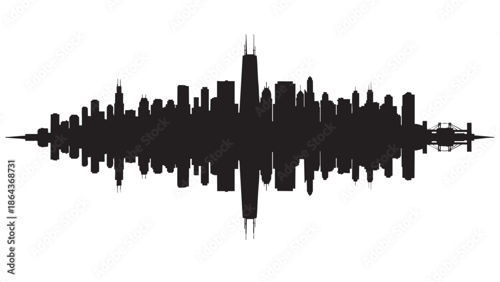 Naklejka premium Silhouette of a City Skyline with Reflection on a Plain Surface